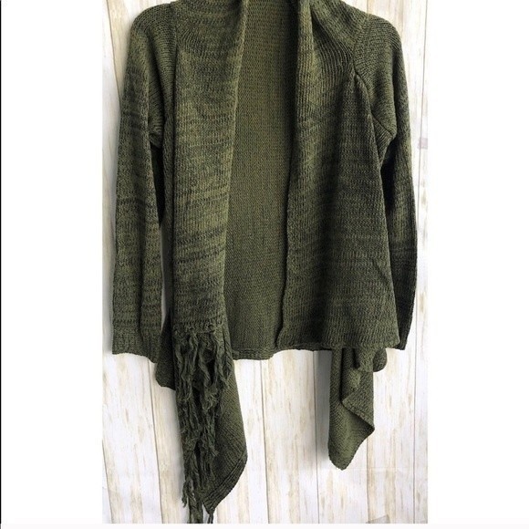 Sweaters - Fringed Olive Green Long Sleeve Shawl Cardigan